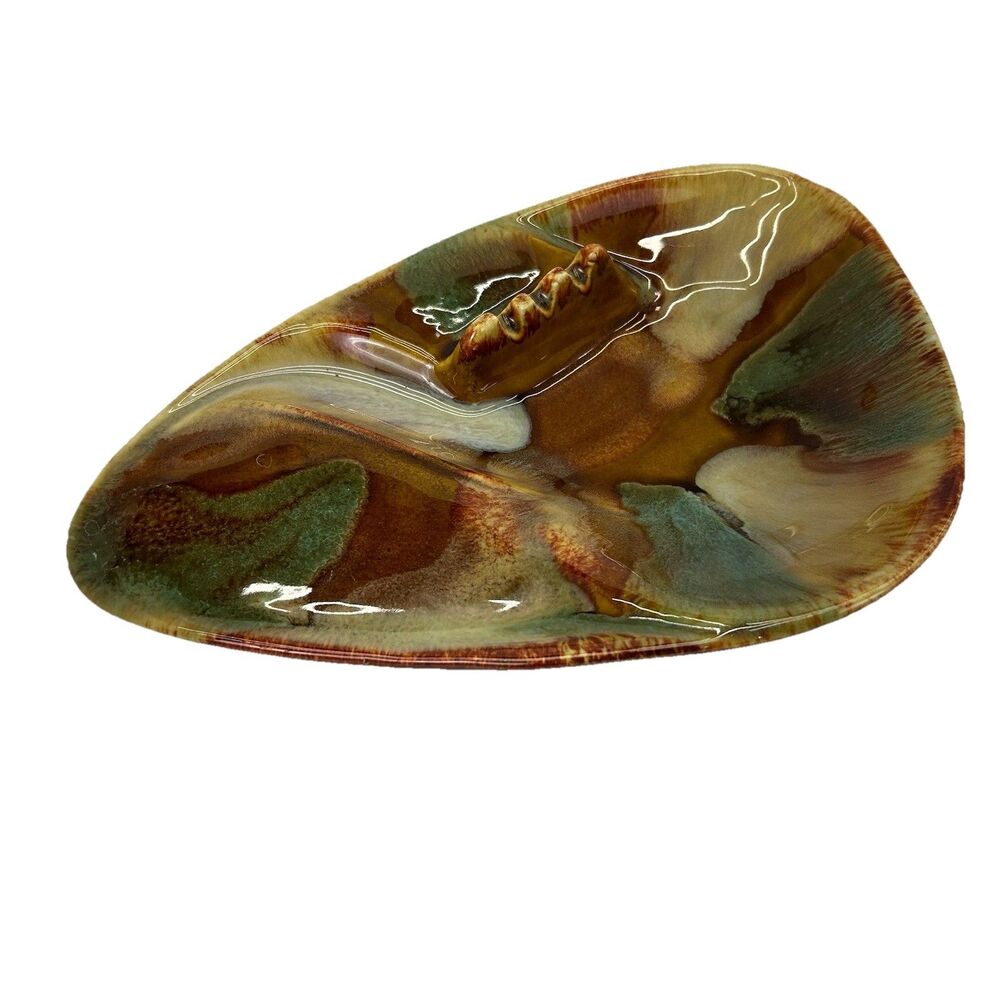 Vintage MCM Dryden Pottery Ozark Frontier Ashtray Brown Blue Drip Glaze 9.5”